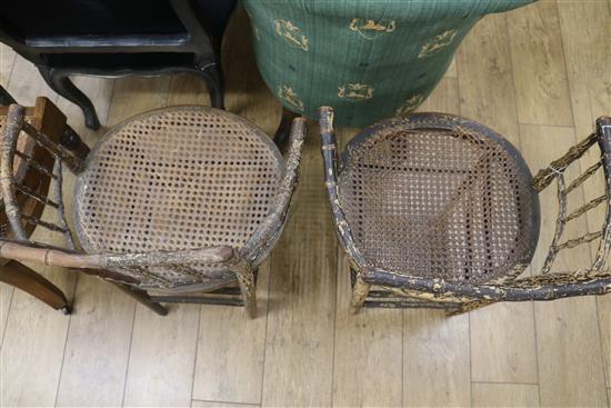 A William IV mahogany caned side chair and a pair of Regency simulated bamboo elbow chairs